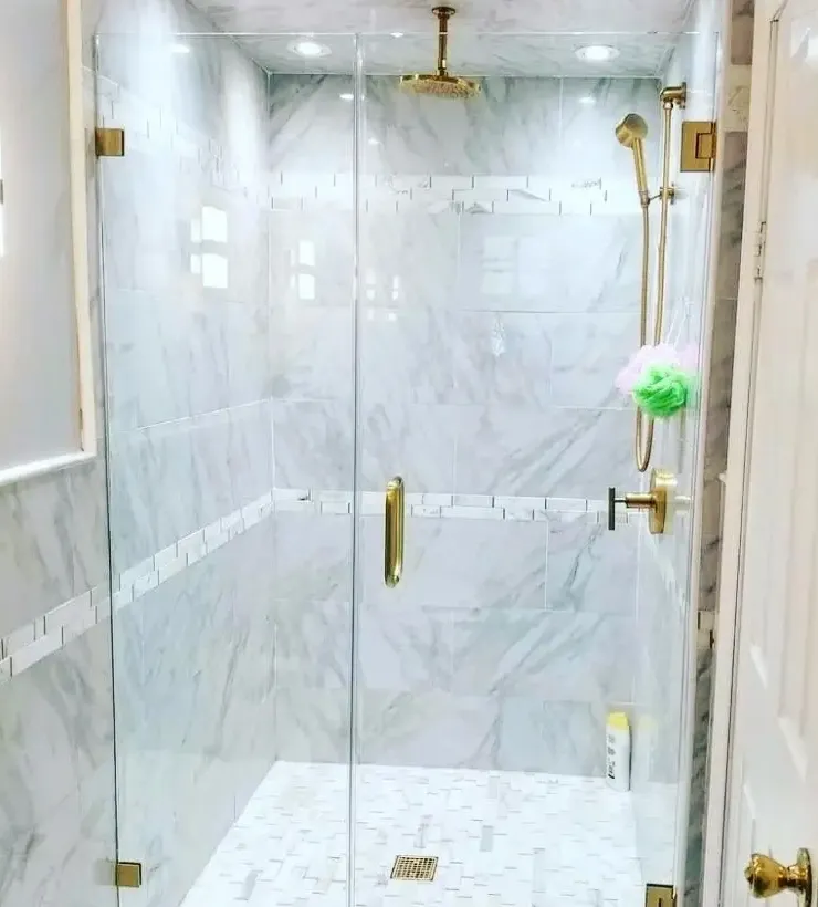 walking shower with gold details